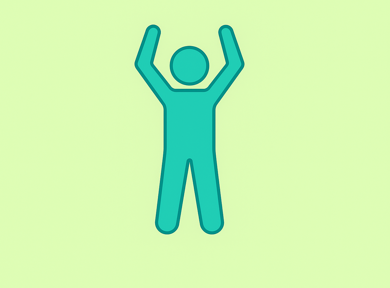 En blå figur av en person som har armene i være på grønn bakgrunn