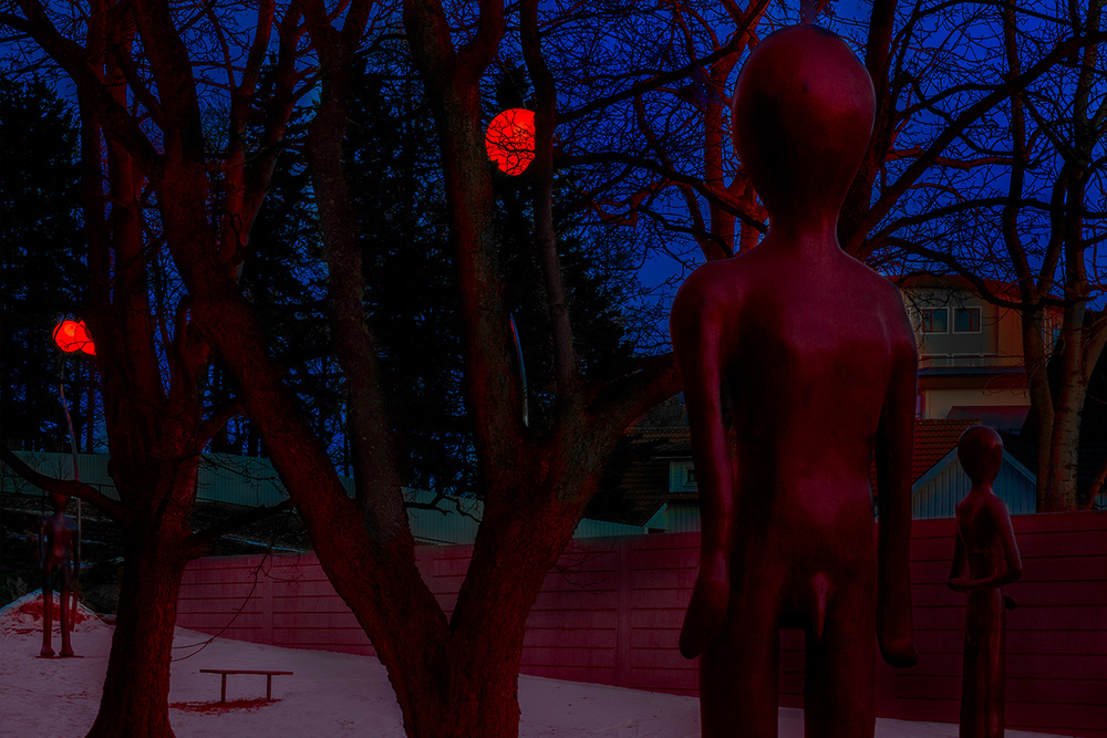 Nattbilde av statuer i en park