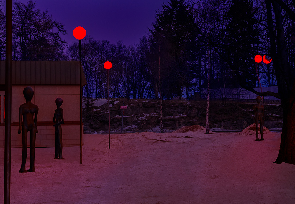 Statuer og røde kuppellys i en park