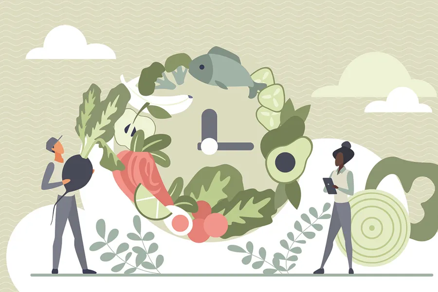 Illustrasjon av to mennesker som ser på ei klokke laget av mat