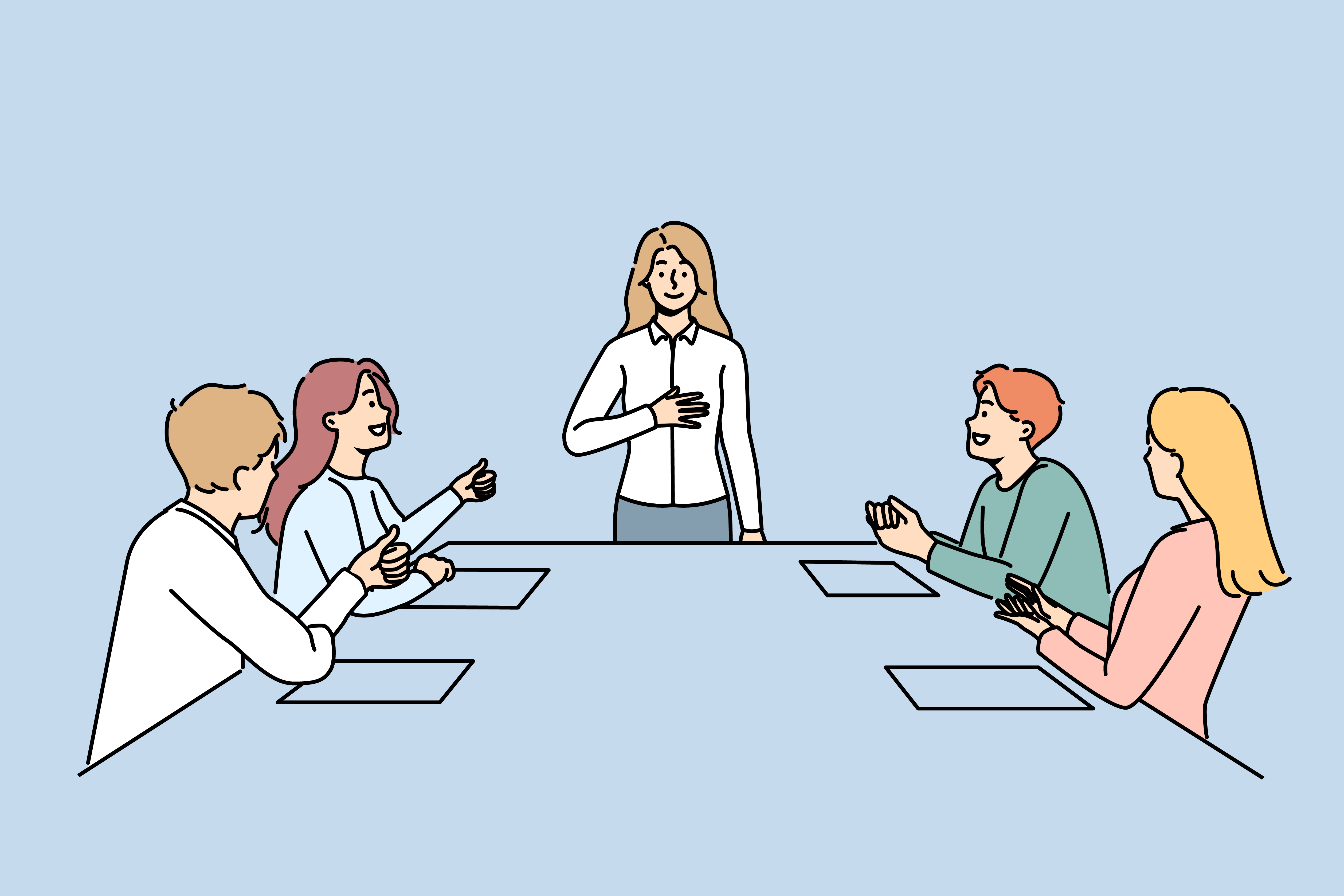 Tegning av fire personer som sitter ved et bord og lytter til en stående person