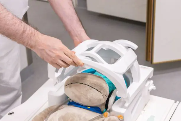 Bamse som ligger på ei seng og får ei hvit stor maske med hull i over hodet