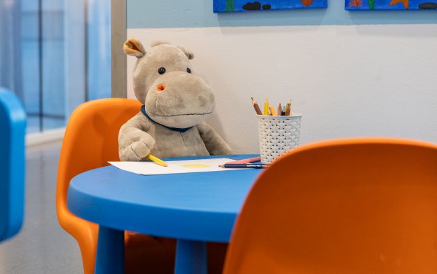 En kosebamse som sitter ved et bord