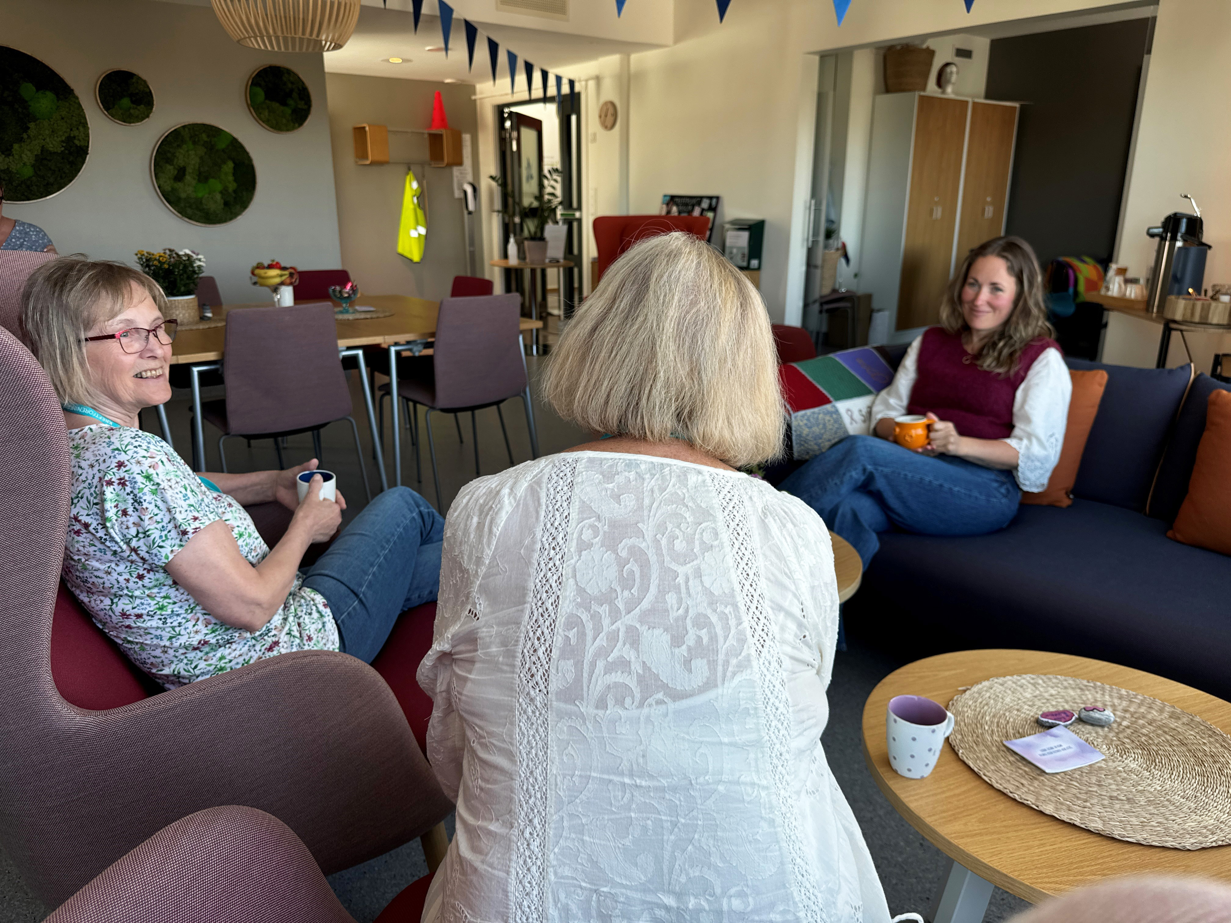 En gruppe kvinner som sitter i en stue