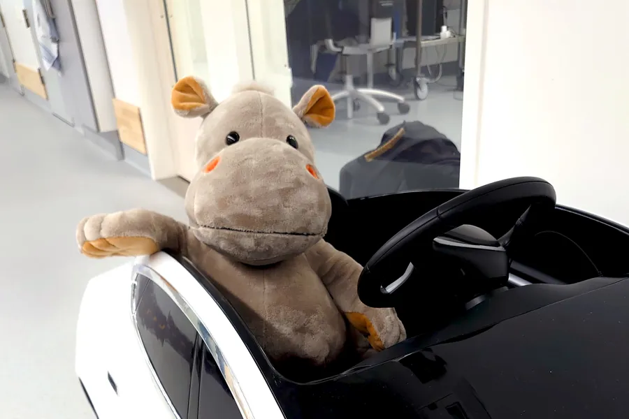 Bamse som sitter i lekebil