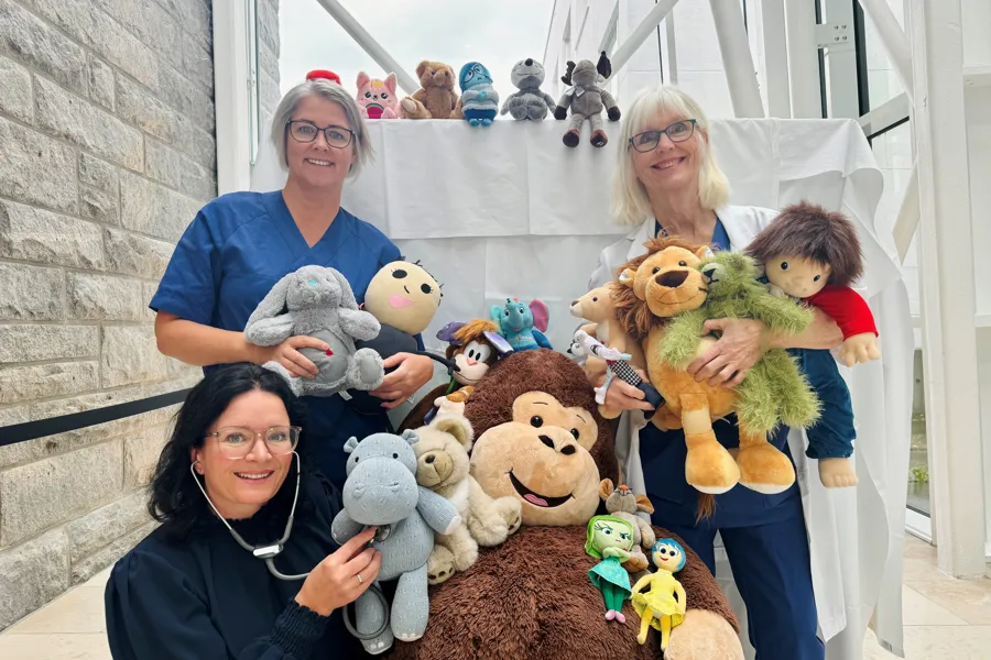 Tre damer som står sammen med masse bamser