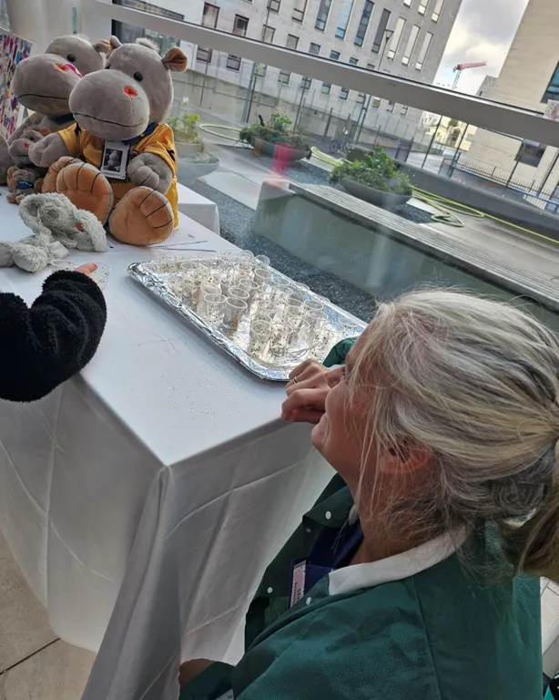En person som sitter ved et bord med en utstilling av kosedyr