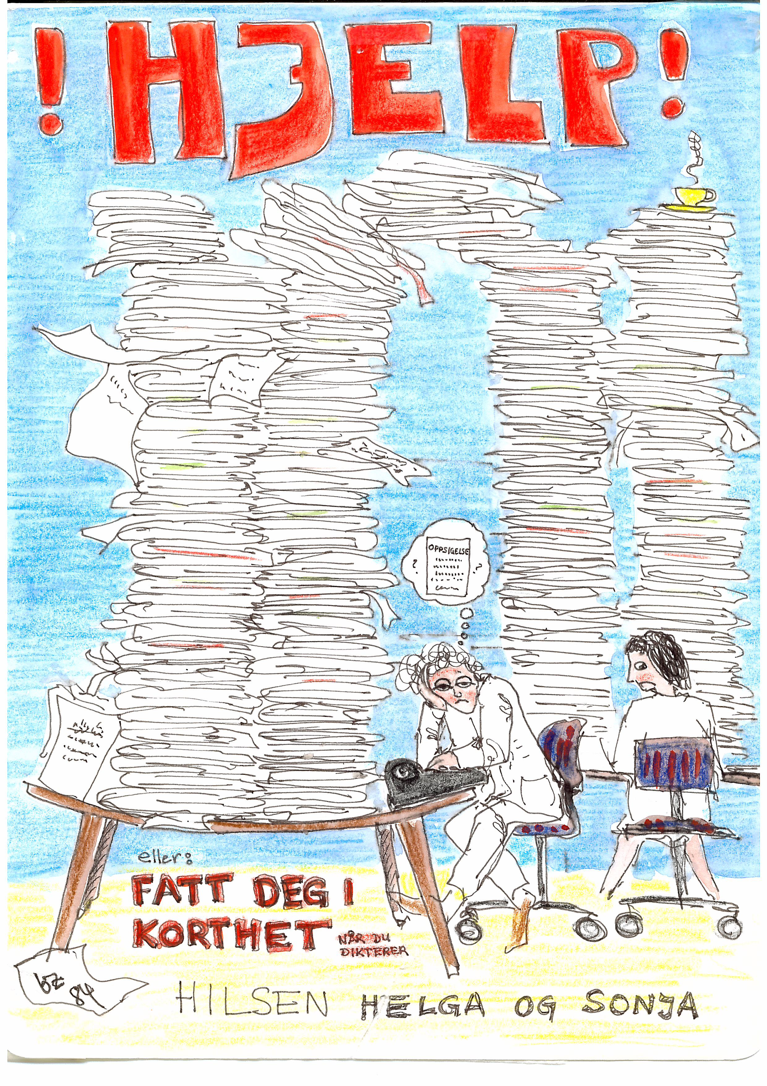 Tegning av to damer som jobber med papirstabel på pulten