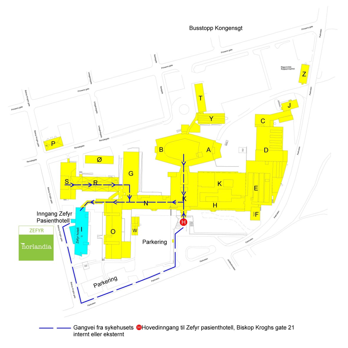 Kart over sykehuset som viser inngangen til pasienthotellet