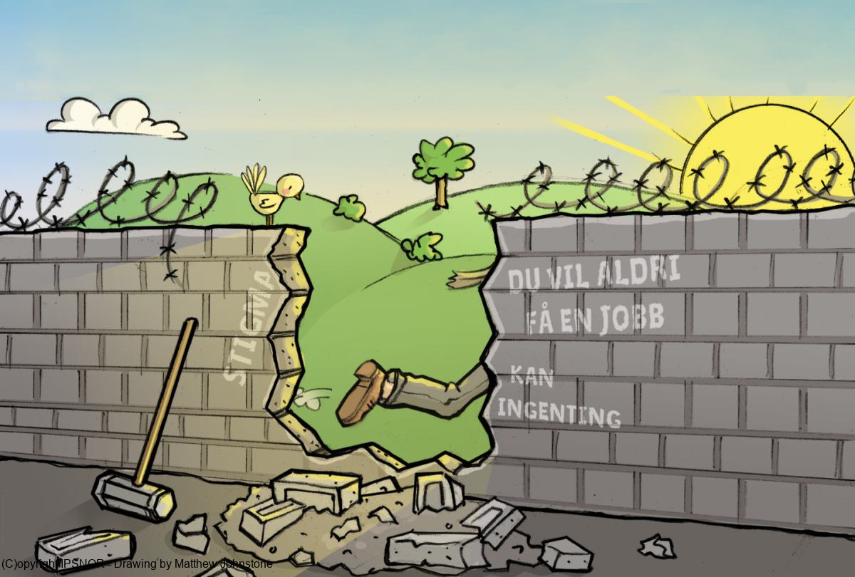 Tegning av person som løper gjennom en knust mur