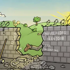 Tegning av person som løper gjennom en knust mur