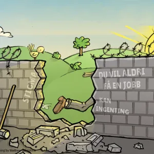 Tegning av person som løper gjennom en knust mur