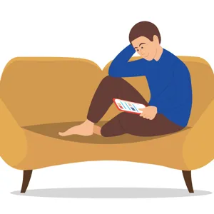Illustrasjon av en mann som sitter i sofa og ser på et nettbrett