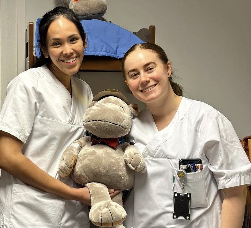 Et par kvinner som holder en bamse