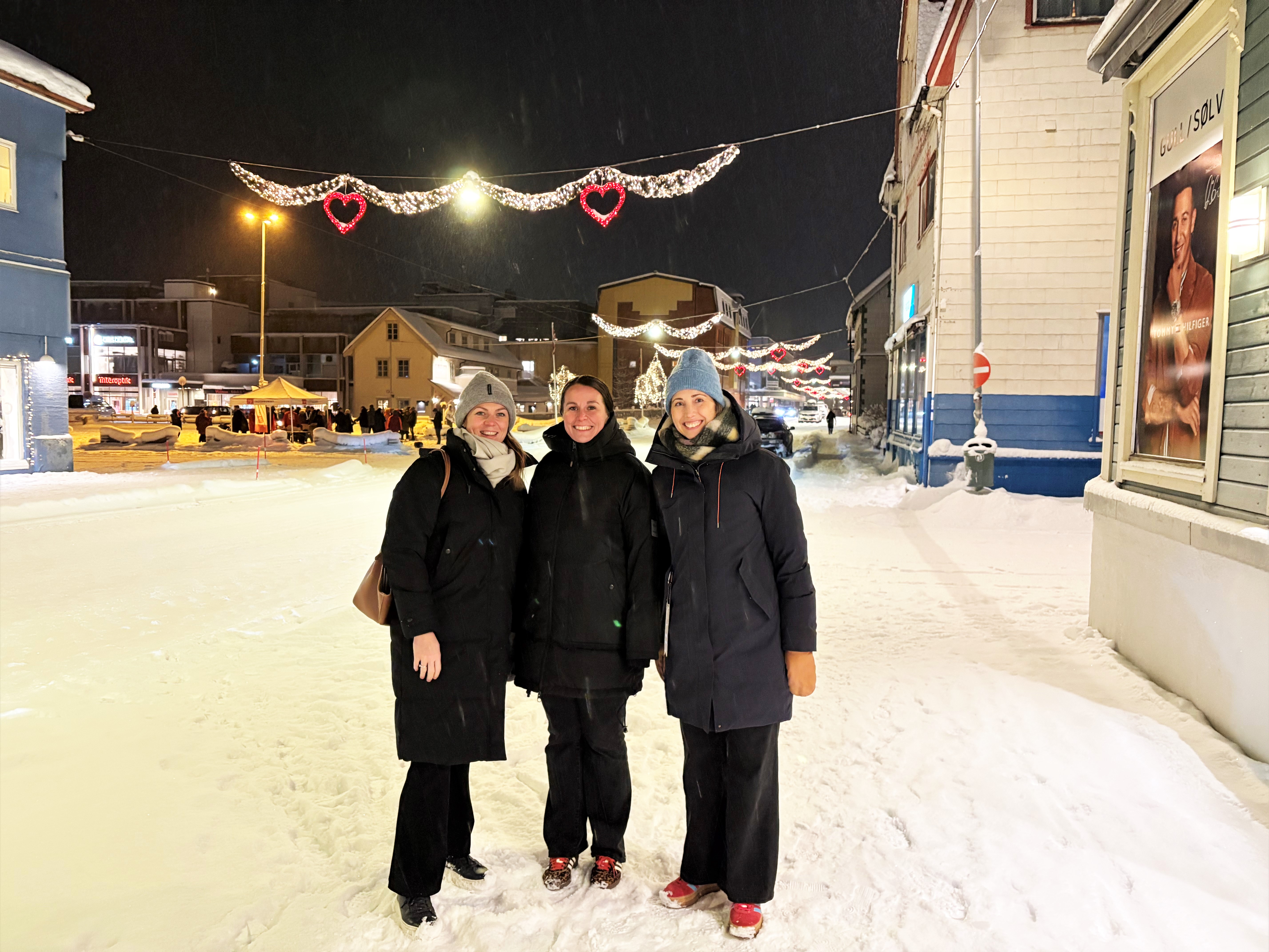 En gruppe mennesker poserer for kameraet i snøen