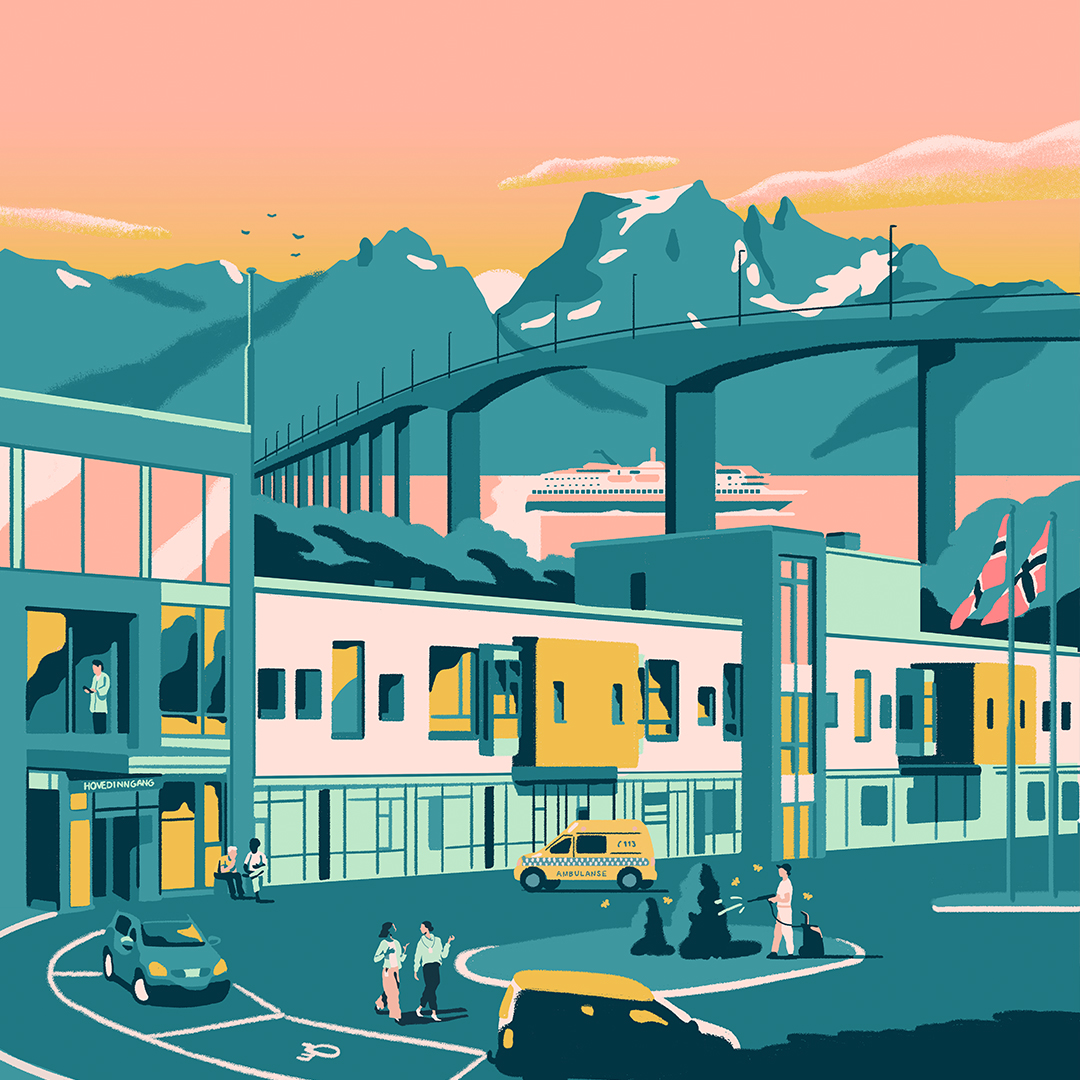 Illustrasjon av bygg, fjell og hav