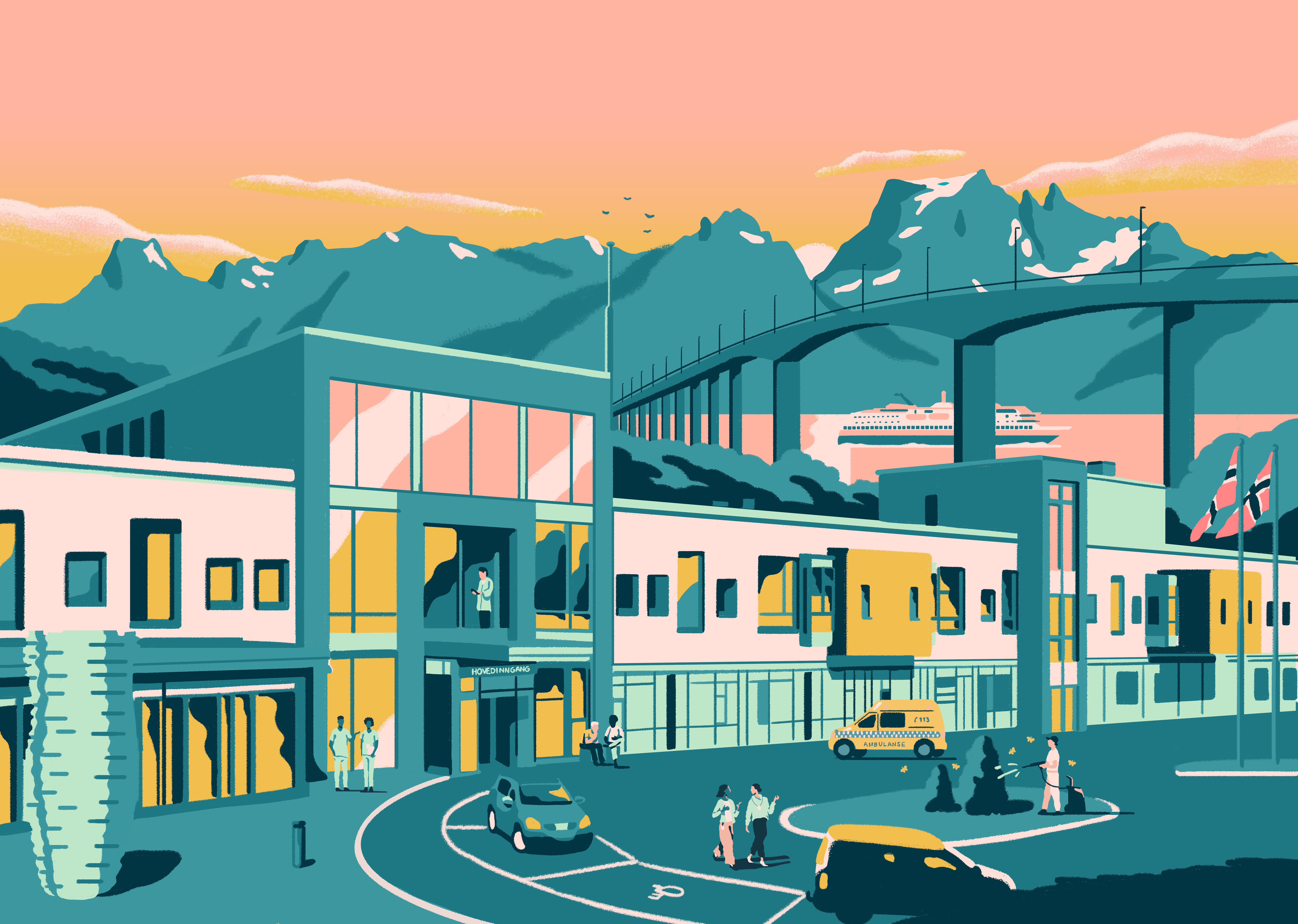 Illustrasjon av bygg, fjell og hav