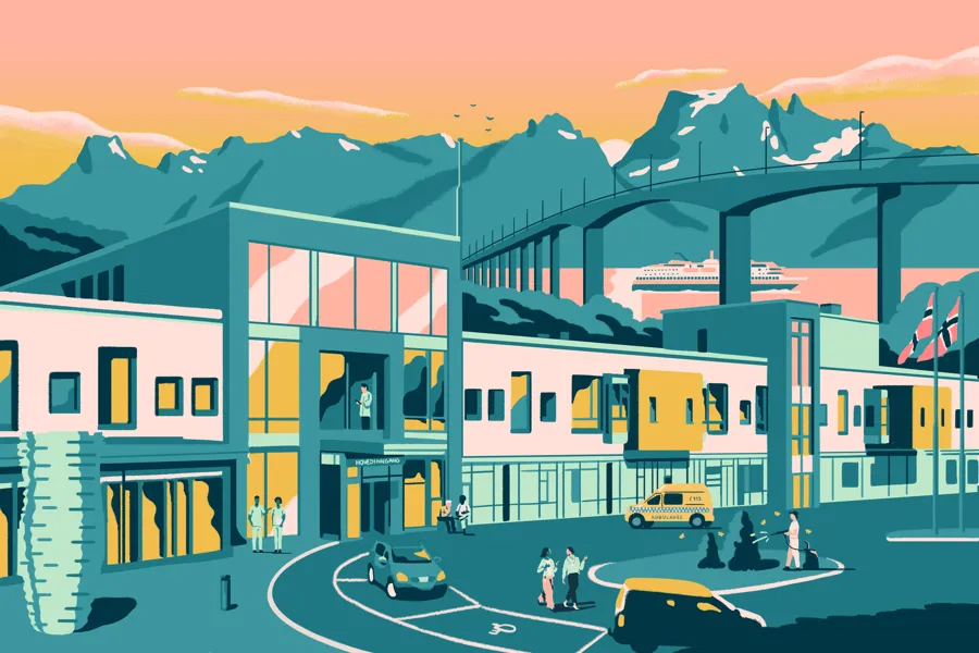 Illustrasjon av bygg, fjell og hav